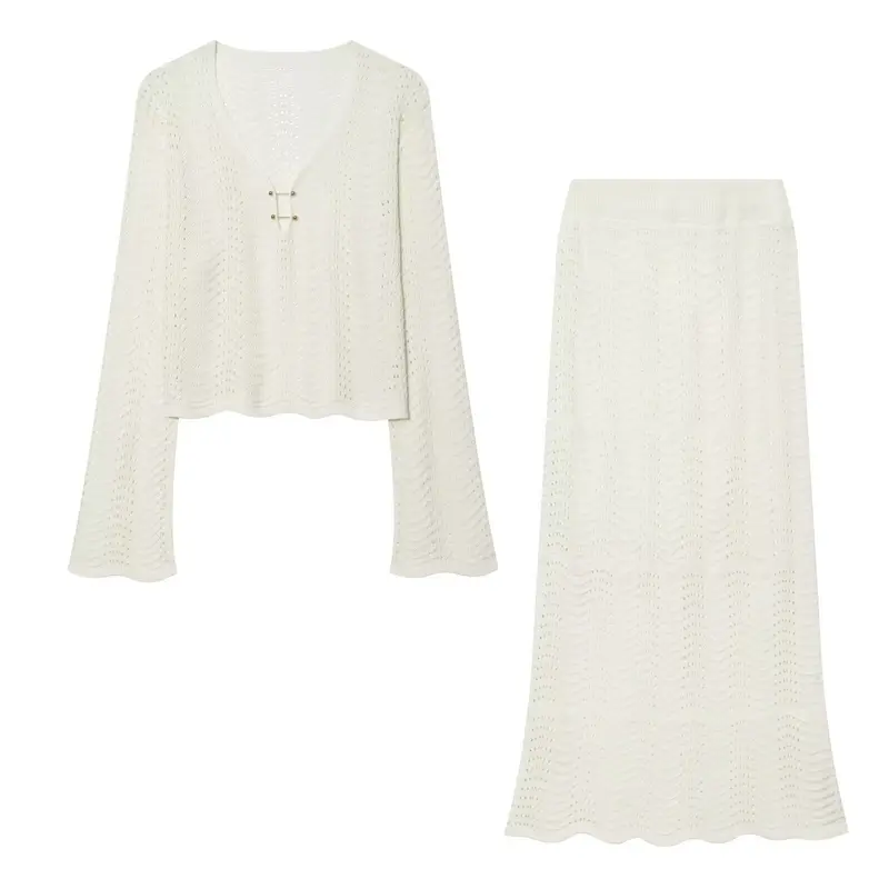 Damen Gestricktes Zweiteiler-Set mit V-Ausschnitt Croppedpullover und Midirock Drune