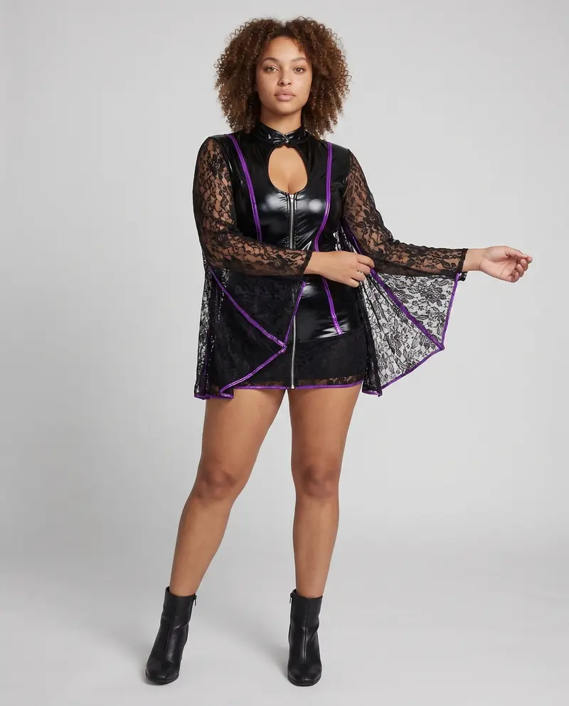 Damen Glamouröses Hexen-Kostüm mit transparentem Umhang und detailverzierten Accessoires Drune