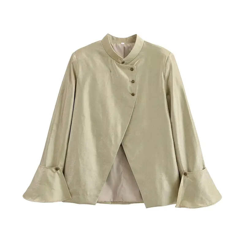 Damen Glänzende A-Linien-Jacke mit asymmetrischer Knopfleiste und Glockenärmeln Drune