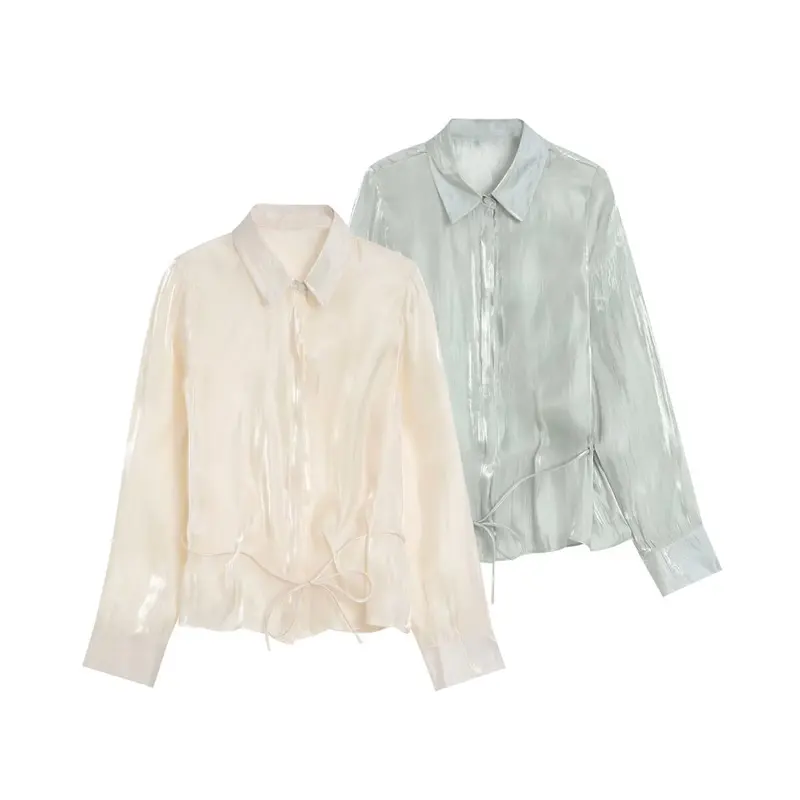 Damen Glänzende Bluse mit Tunnelzugsaum und Hemdkragen Drune