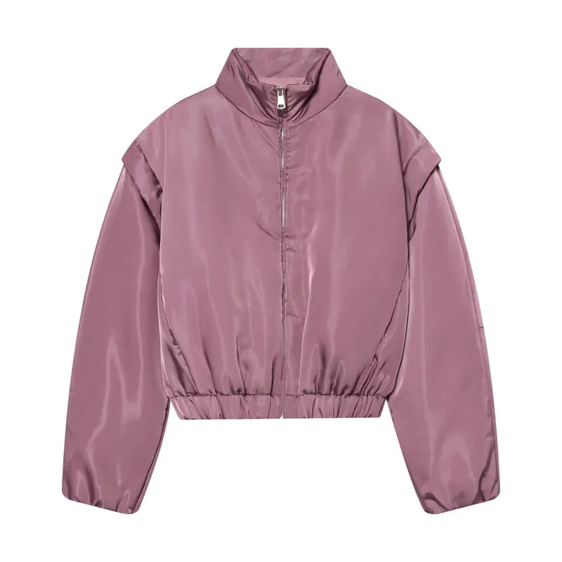 Damen Glänzende Cropped Bomberjacke mit Stehkragen und elastischem Bund Drune