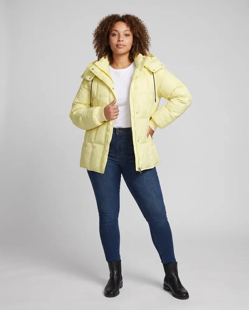 Damen glänzende gesteppte Jacke mit integrierter Kapuze, Zwei-Wege-Reißverschluss und Wärmeisolierung