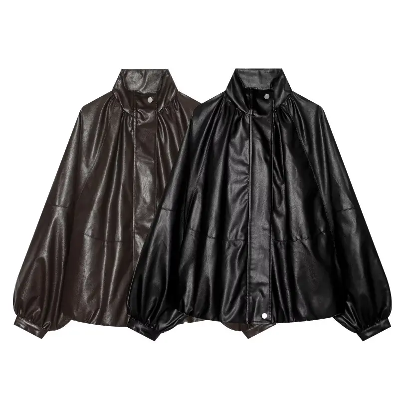Damen Glänzender Cropped Blouson aus Kunstleder mit hohem Stehkragen und voluminösen Ballonärmeln Drune