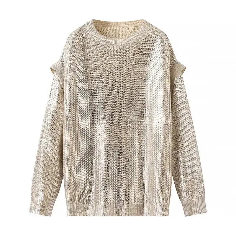 Damen Glänzender Oversize-Strickpullover mit Schulter-Cutouts Drune