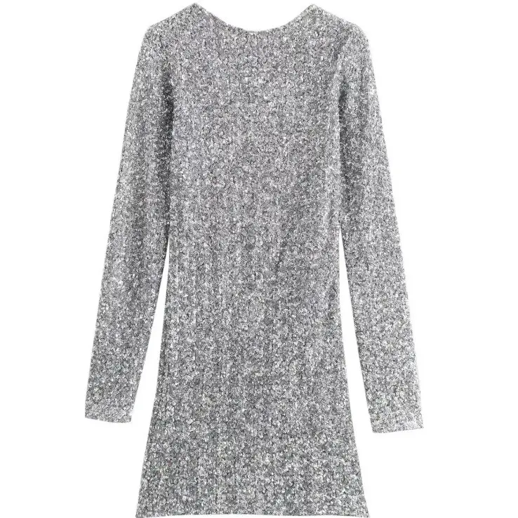 Damen Glitzerndes Pailletten-Minikleid mit langen Ärmeln und schmaler Silhouette Drune
