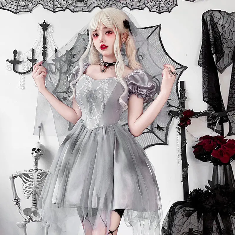 Damen Gothic Brautkleid mit Tüll- und Spitzenverzierungen Drune