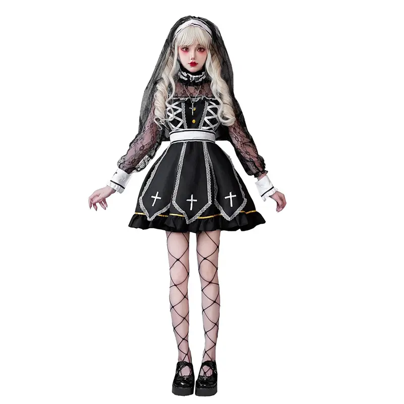 Damen Gothic Brautkostüm mit Spitzenärmeln und aufwendigen Rüschen Drune