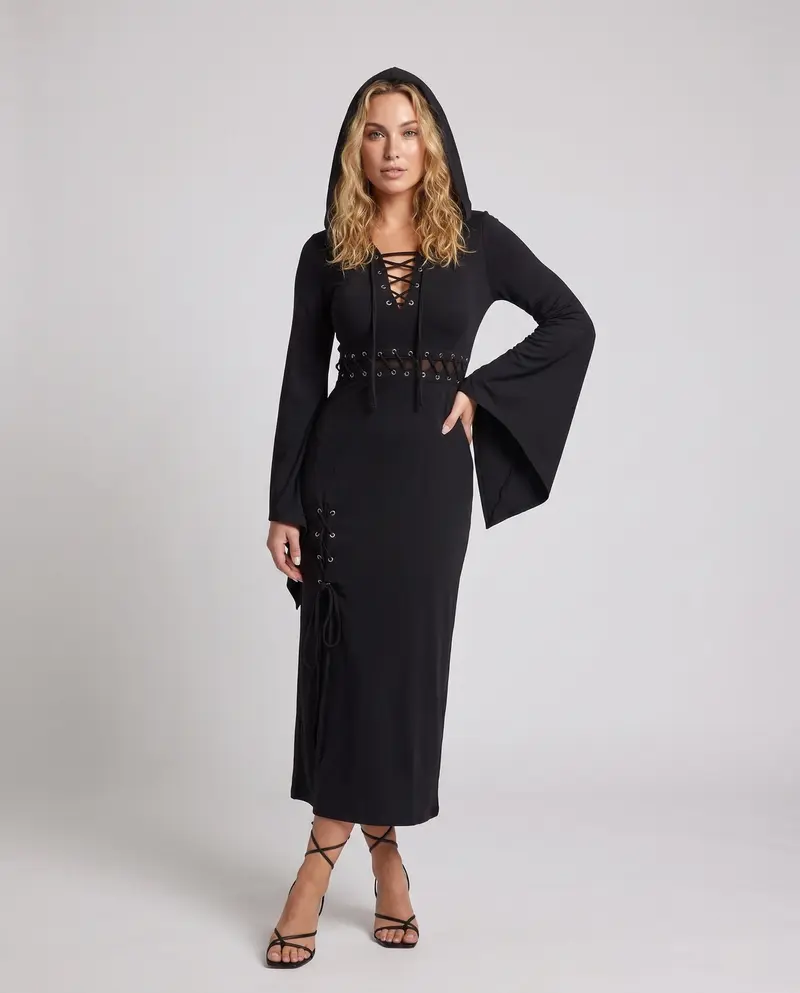 Damen Gothic Kleid mit Kapuze und weit ausgestellten Ärmeln Drune