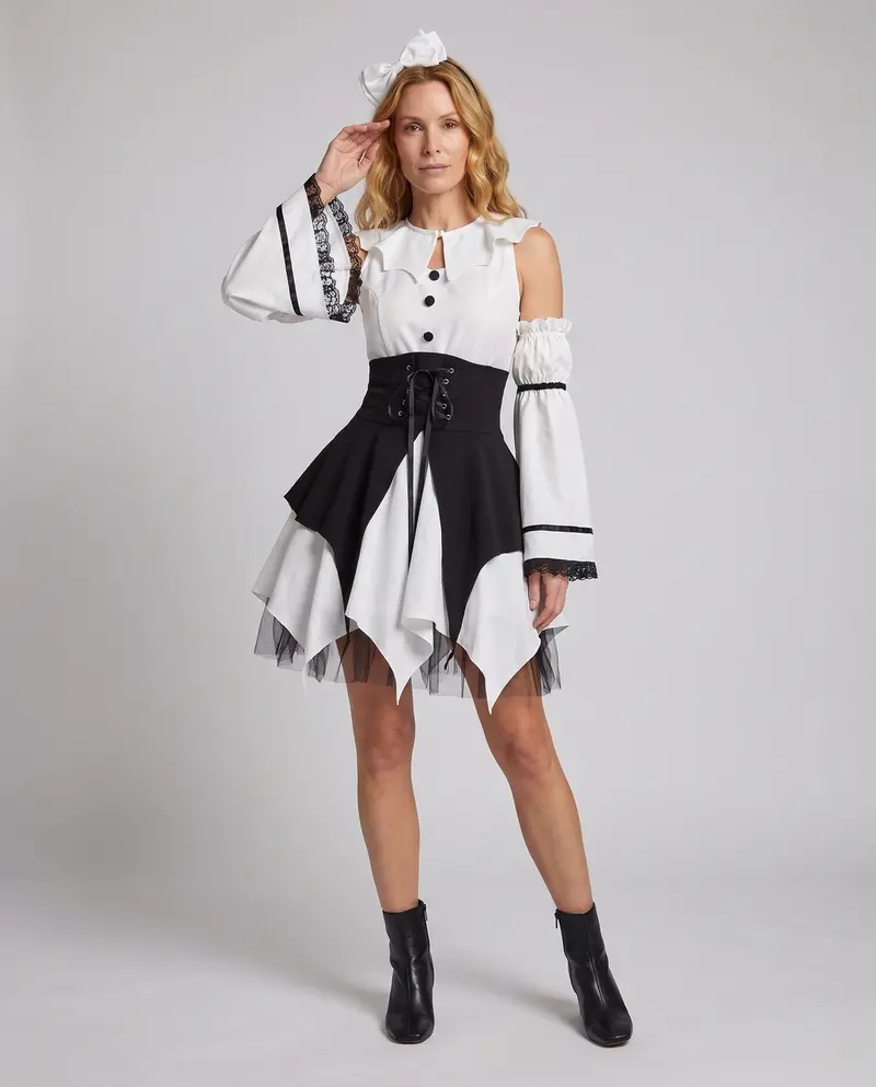 Damen Gothic Kleid mit Rüschendetails und Taillenbindung Drune