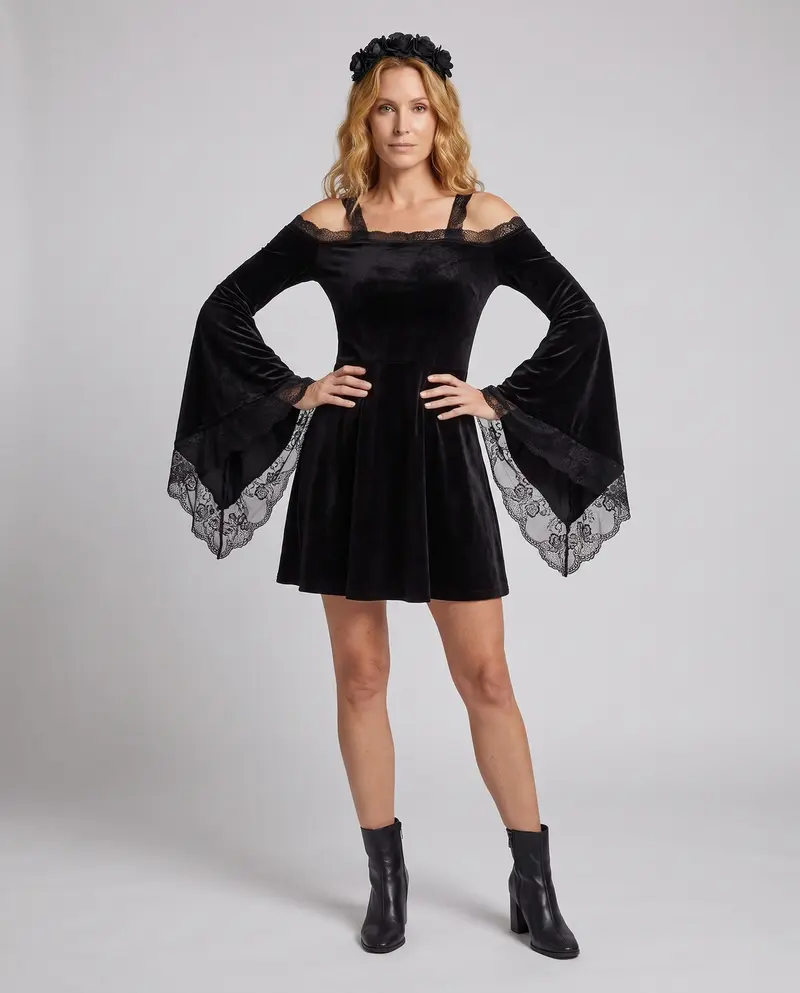 Damen Gothic-Kleid mit Spitzenärmeln und schwingendem Rock Drune