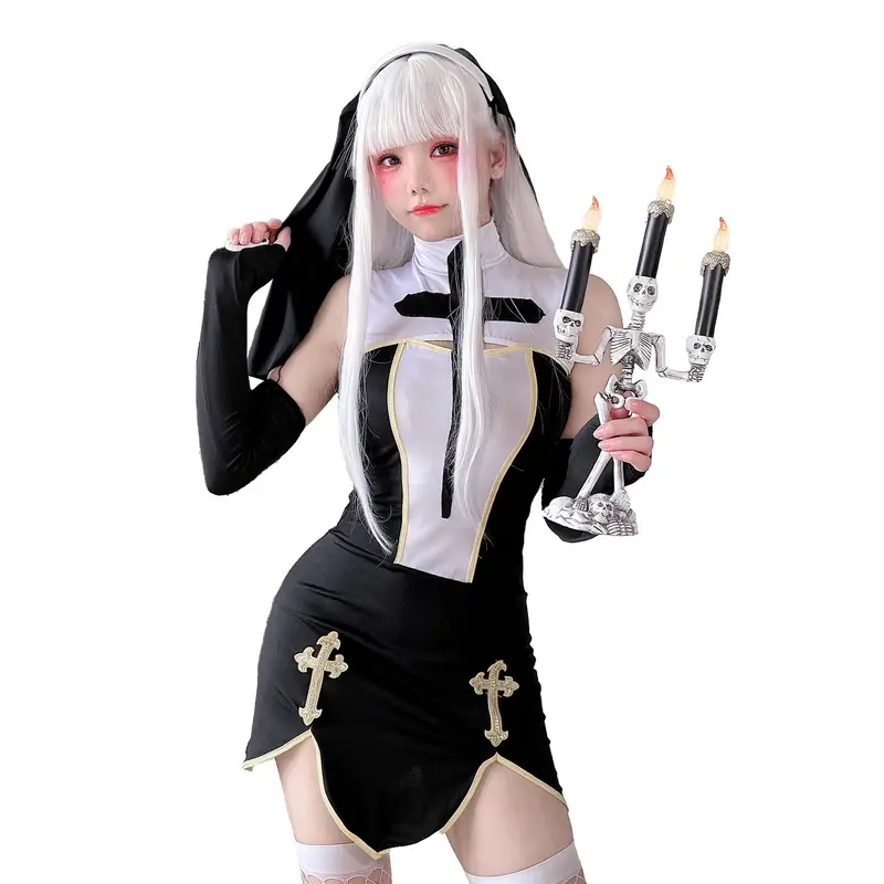 Damen Gothic Minikleid mit Spitzenärmeln und Kreuzdetails Drune