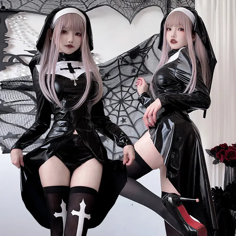 Damen Gothic Nonnenkostüm mit ausdrucksstarkem Design und transparentem Überrock Drune