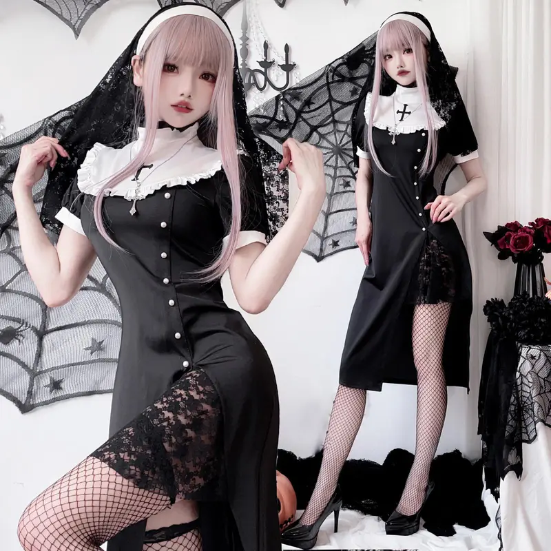 Damen Gothic Nonnenkostüm mit transparenten Spitzenärmeln und Kreuzdetails Drune