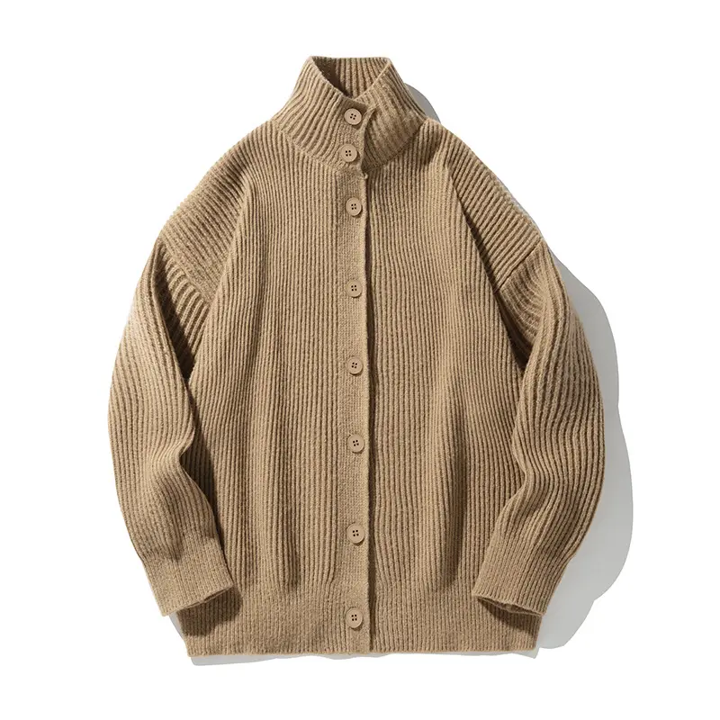 Damen Grobgerippter Cardigan im Oversize‑Schnitt mit hohem Stehkragen und Holzknöpfen Drune