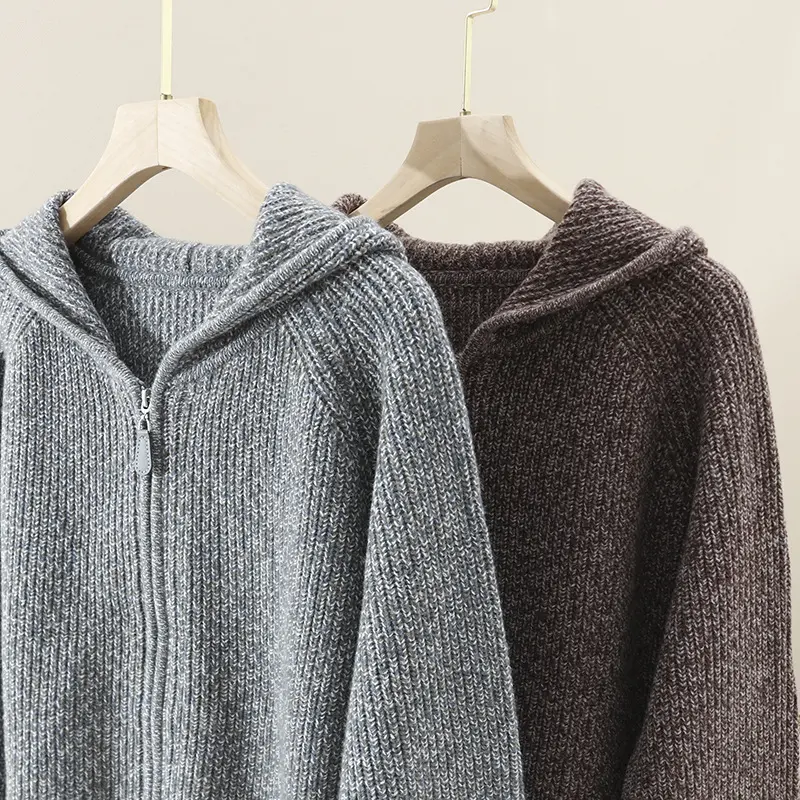 Damen Grobgestrickte Kapuzenjacke mit durchgehendem Reißverschluss und Raglanärmeln Drune