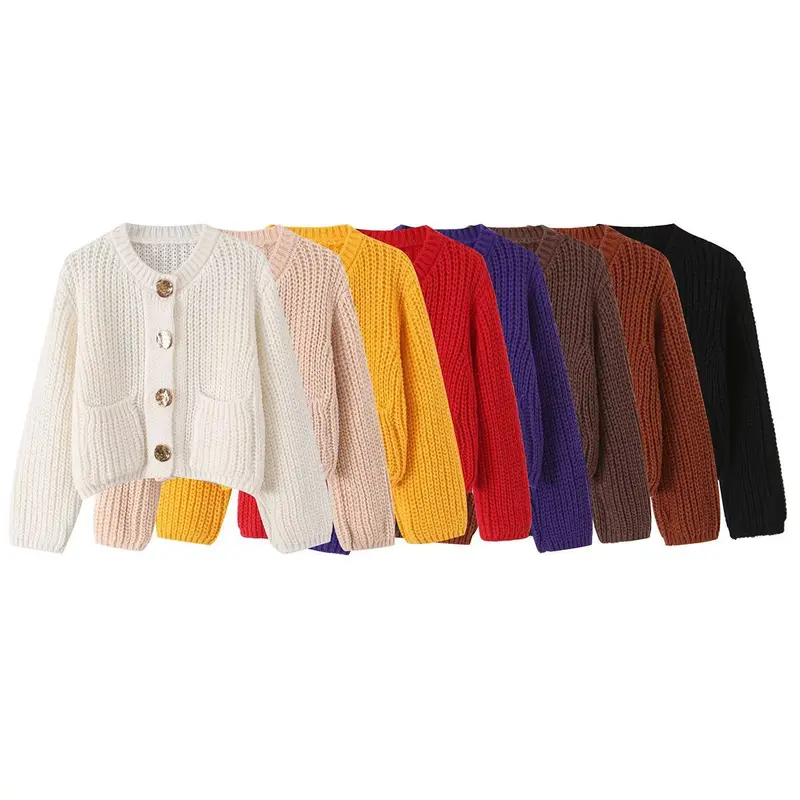 Damen Grobgestrickter Cropped-Cardigan mit dekorativen Schmuckknöpfen und aufgesetzten Taschen Drune