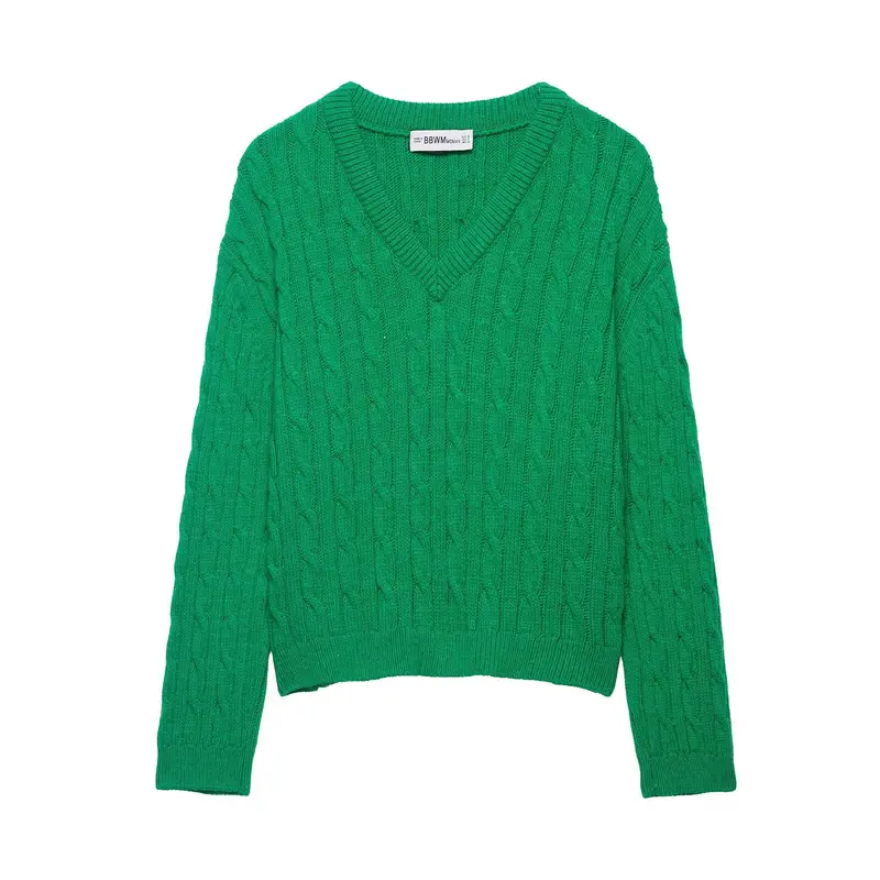 Damen Grobgestrickter V‑Ausschnitt Zopfstrickpullover mit Rippbündchen Drune