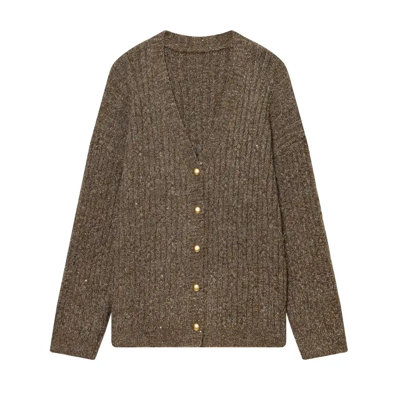 Damen Grobgestrickter V‑Neck Cardigan mit Perlmuttknöpfen und melierter Tweedoptik Drune