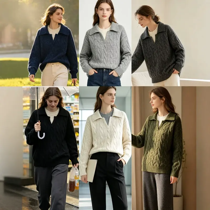 Damen Grobgestrickter Zopfstrick-Pullover mit Hemdkragen und integriertem Rippkragen Drune