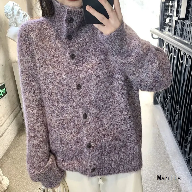 Damen Grobstrick‑Cardigan im Oversize‑Look mit hohem Rippkragen und Knopfleiste Drune