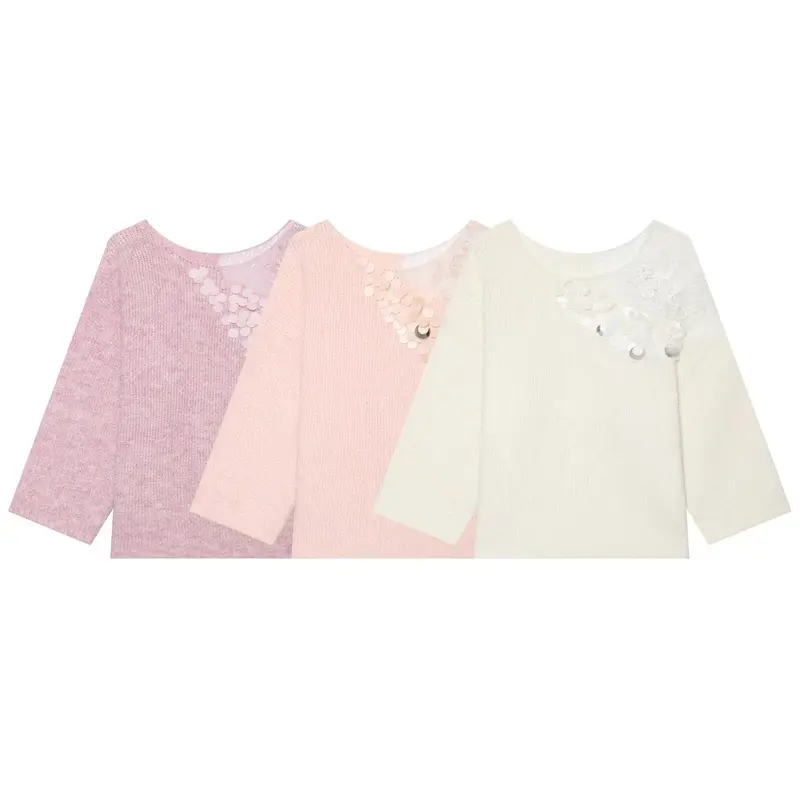 Damen Grobstrick-Pullover mit Rundhalsausschnitt, 3/4-Ärmeln und Pailletten‑Spitzenapplikation Drune