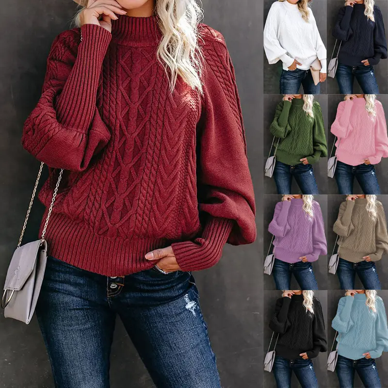 Damen Grobstrick-Pullover mit Zopfmuster, Stehkragen und Ballonärmeln Drune