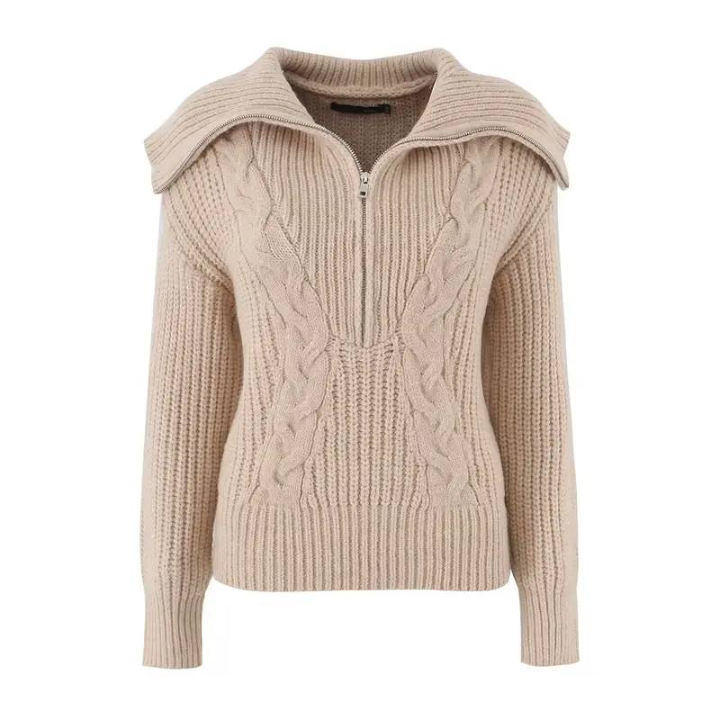 Damen Grobstrickpullover mit Zopfmuster und halbem Reißverschlusskragen Drune