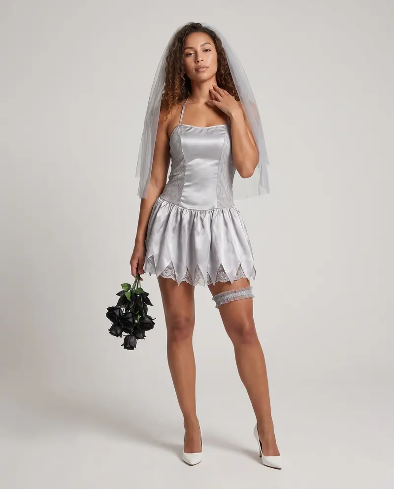 Damen Gruselige Hochzeitskleid mit transparentem Schleier und verzierten Details Drune