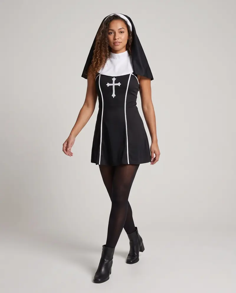 Damen Gruseliges Nonnenkostüm mit detailverliebtem Kreuz und elegantem Hut Drune