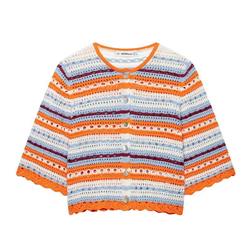 Damen Häkel-Cardigan Kurzarm mit Knopfleiste und Streifenstruktur Drune