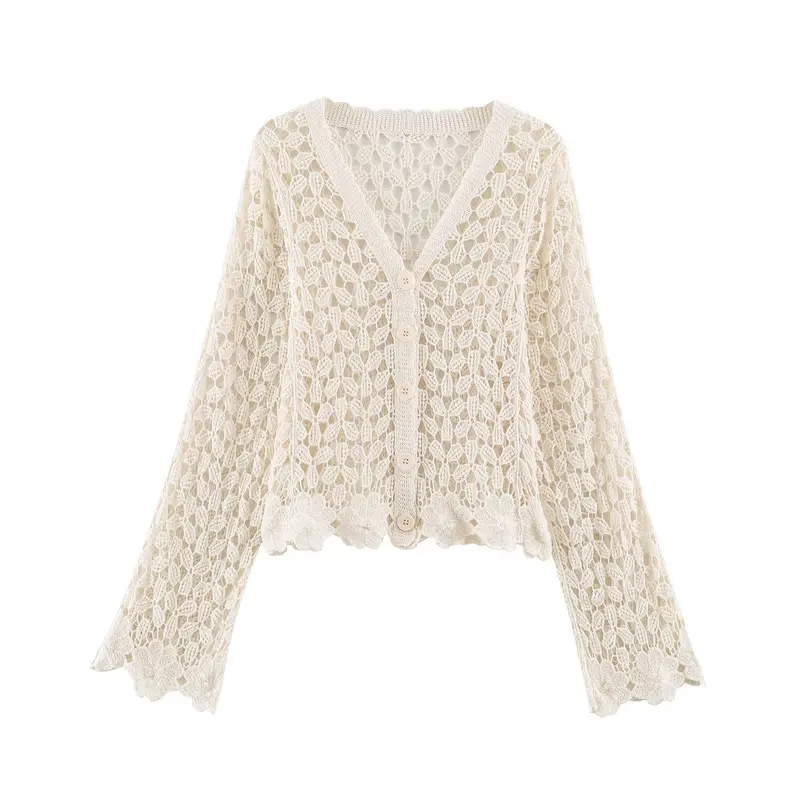 Damen Häkelcardigan mit Spitzeneffekt, V‑Ausschnitt und gewelltem Saum Drune