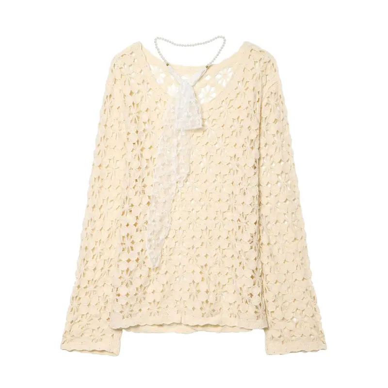 Damen Häkelpullover mit floraler Lochspitze und zarter Spitzen-Schleife Drune
