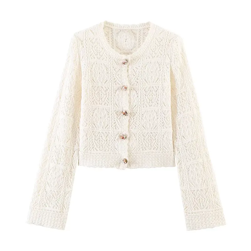 Damen Häkelstrick-Cardigan mit Rundhals, filigranem Lochmuster und Zierknöpfen Drune