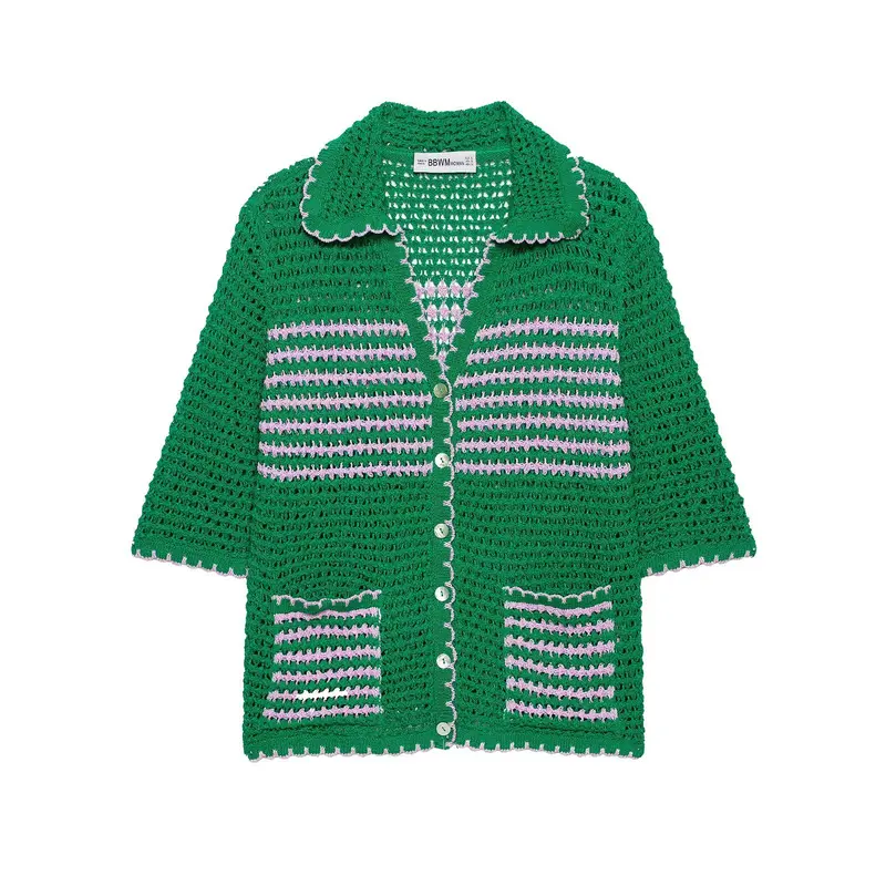 Damen Häkelstrickjacke mit kurzem Arm, Knopfleiste und Vintage-Kragen Drune