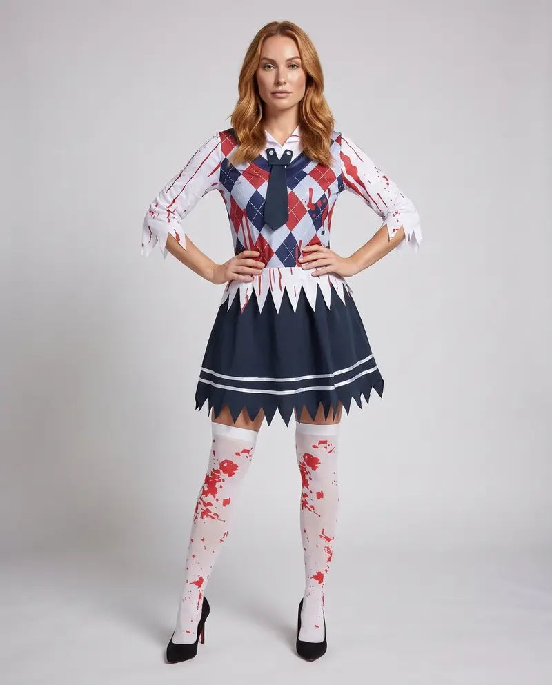 Damen Halloween-Kostüm mit blutigen Akzenten und verspieltem Rock Drune