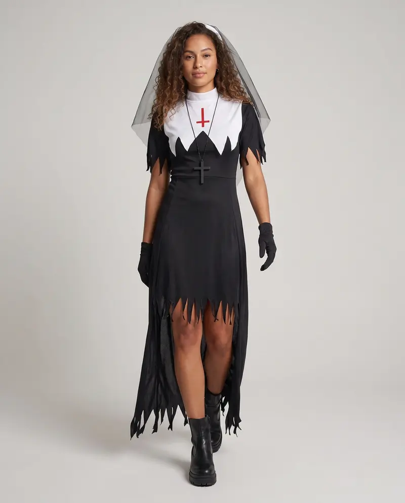 Damen Halloween Nonnenkostüm mit schaurigen Details und langem Umhang Drune