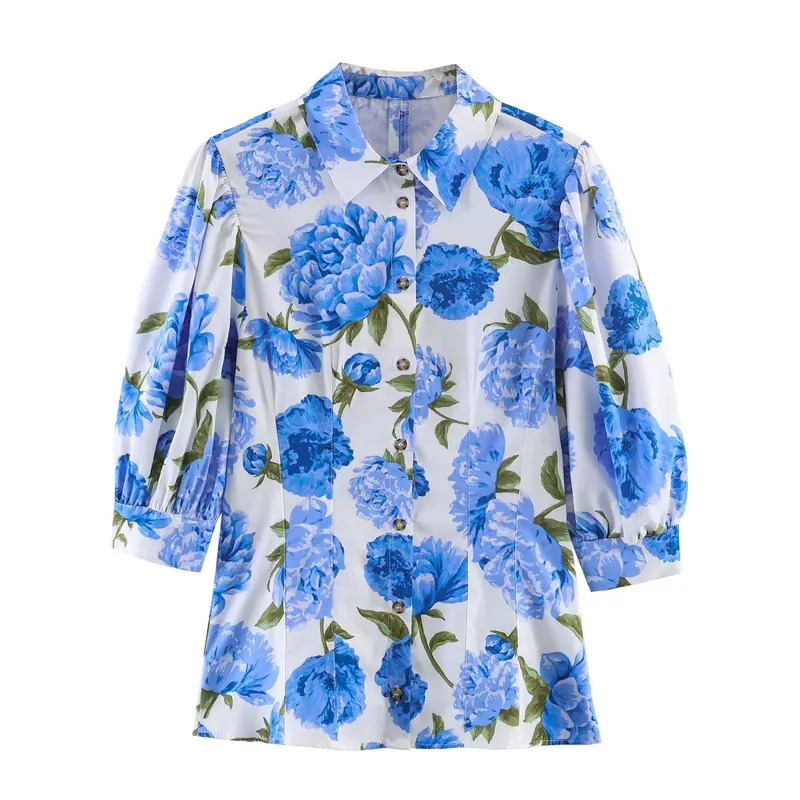Damen Hemdbluse im A-Linien‑Schnitt mit floraler Allover‑Print, taillierten Teilungsnähten und Puffärmeln Drune