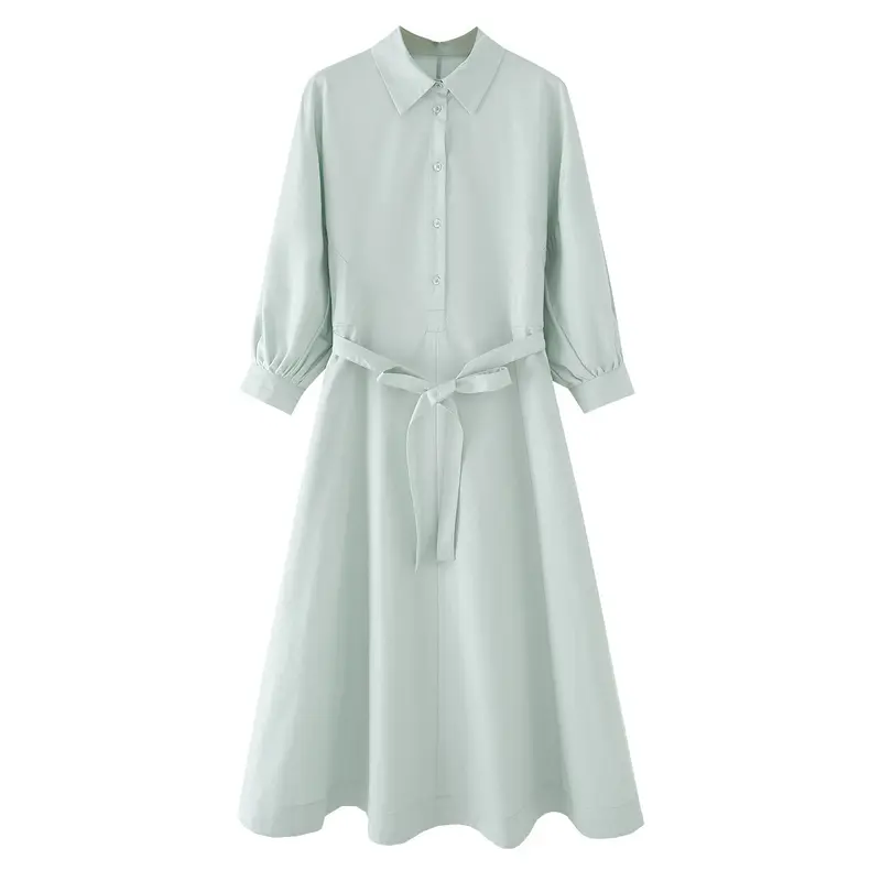 Damen Hemdblusenkleid mit ausgestellt-gebogtem Rock, 3/4-Ärmeln und Taillengürtel Drune