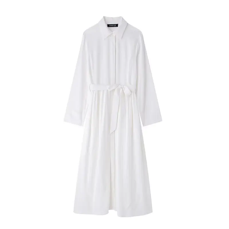 Damen Hemdkleid mit Taillengürtel und fließender Maxirock-Silhouette Drune