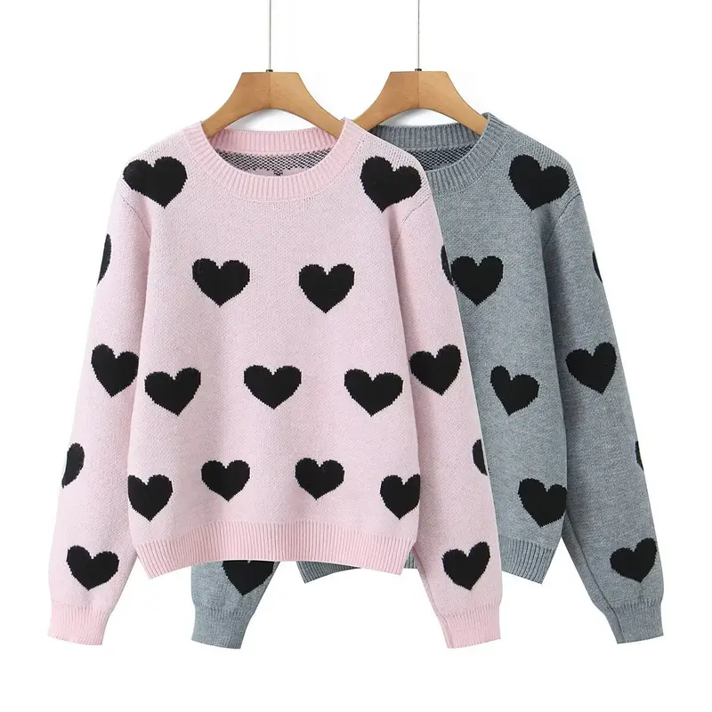 Damen Herz‑Strickpullover mit Rundhalsausschnitt, Oversize‑Silhouette und Rippbündchen Drune