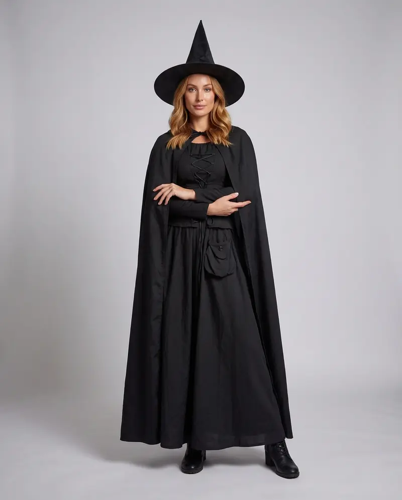 Damen Hexen Kostüm mit abnehmbarem Umhang und Hut Drune