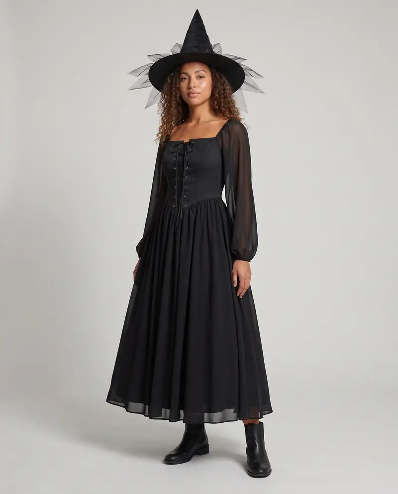Damen Hexenkleid mit transparenten Ärmeln und verzierter Kapuze Drune