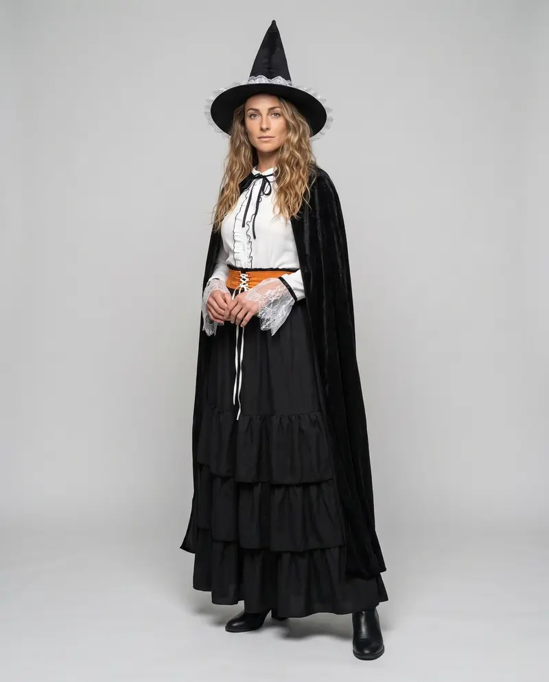 Damen Hexenkostüm mit voluminösem Cape und detailreicher Bluse Drune