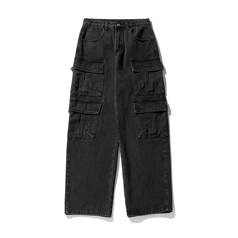Damen High‑Waist Cargo-Jeanshose mit großen Klappentaschen und geradem Bein Drune