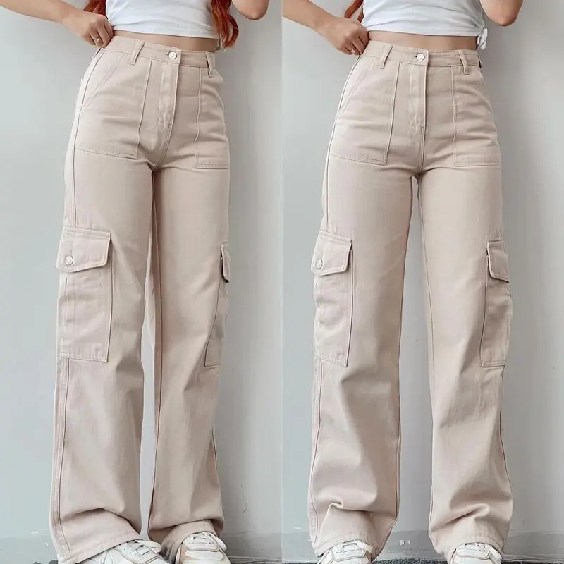 Damen High-Waist-Cargohose aus Twill mit aufgesetzten Klappentaschen und weitem Bein Drune
