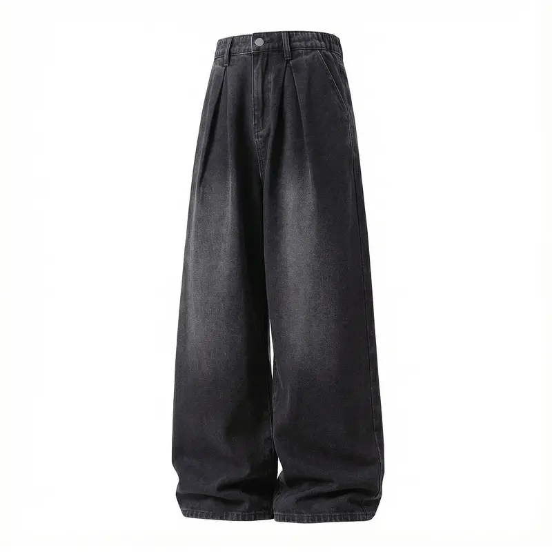 Damen High‑Waist Denim‑Palazzohose mit Bundfalten und weitem Bein Drune