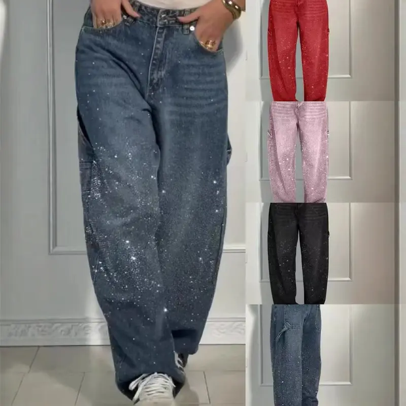 Damen High-Waist Jeans im weiten Cargo-Schnitt mit funkelndem Strassbesatz Drune