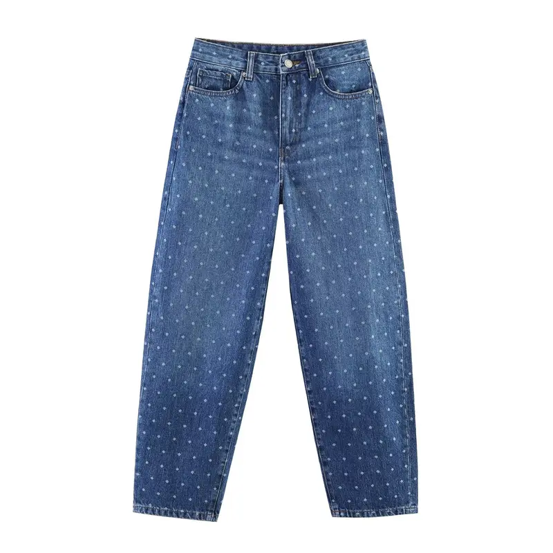 Damen High‑Waist Mom‑Jeans mit tapered Bein und dezentem Punkte‑Print Drune