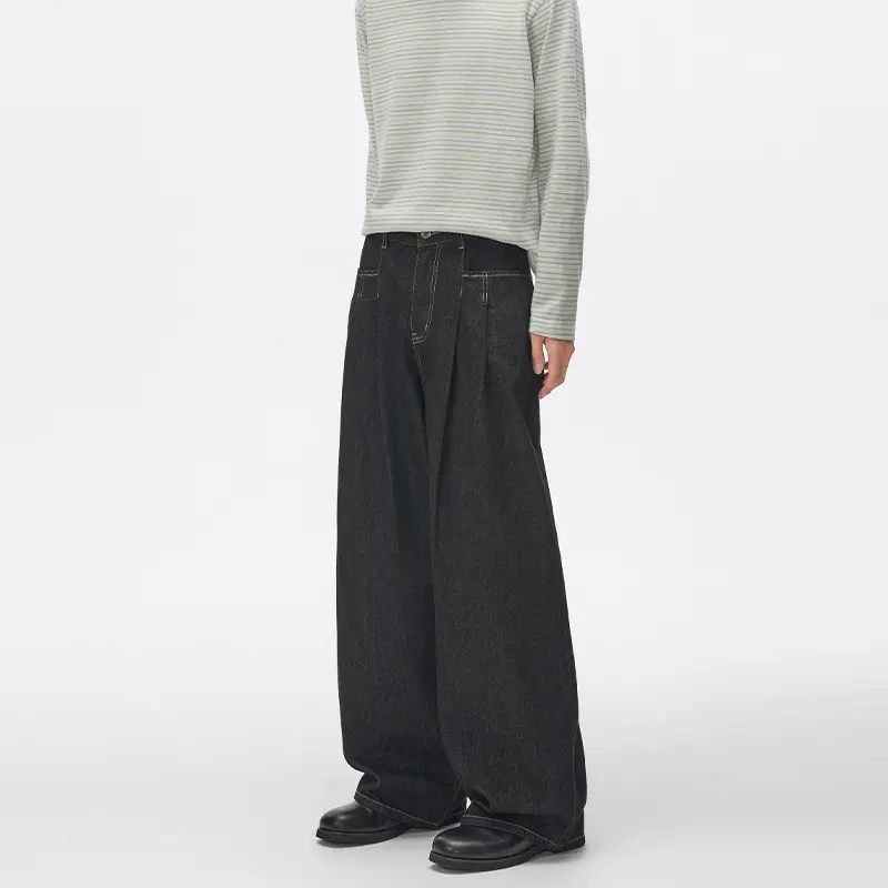 Damen High‑Waist Plissée-Denim-Palazzohose mit ultrabreitem Bein und verlängertem Saum Drune