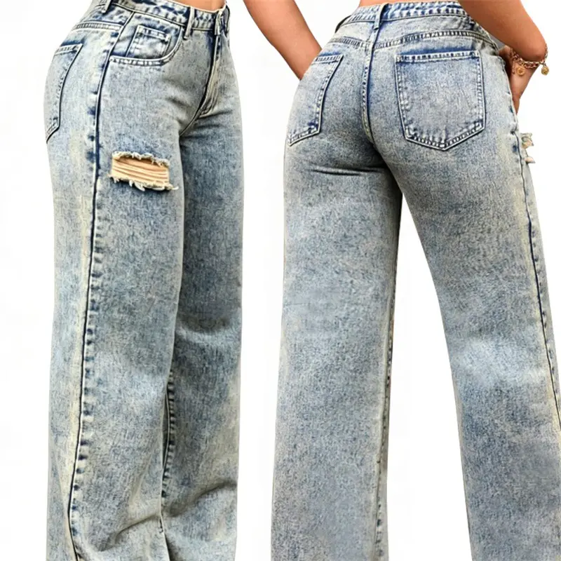 Damen High-Waist Relaxed-Jeans mit Steinwasch-Effekt und seitlichem aufgerissenem Einsatz Drune